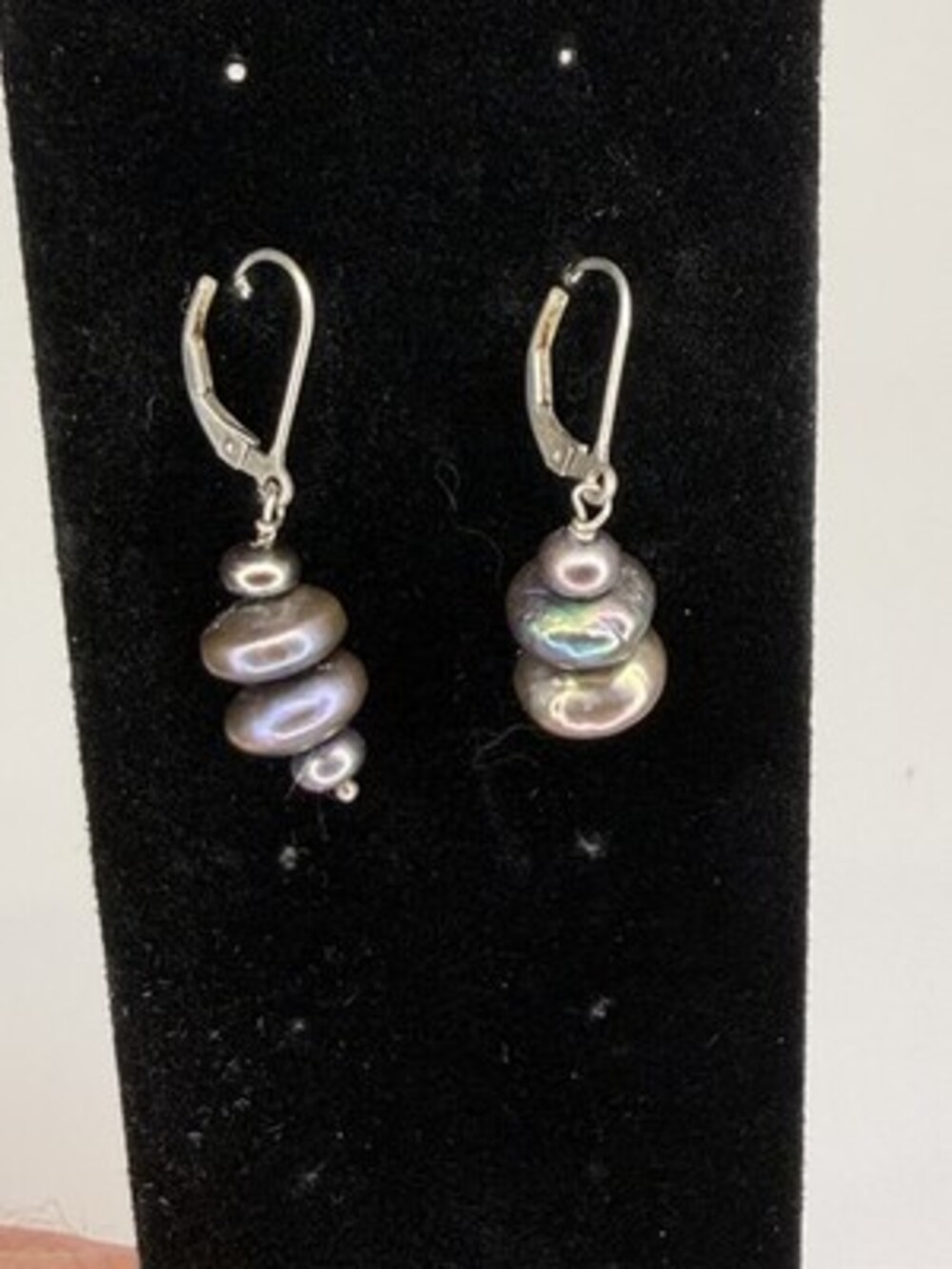 925 Sterling Silver Stacked Peacock Black Freshwater Pearl Leverback Earrings
